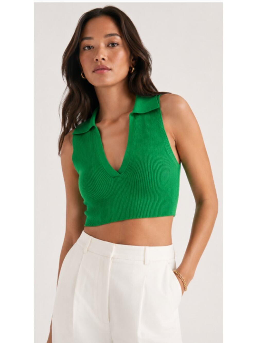 Aritzia Babaton Sculpt Knit Emerald Green Polo Tank Crop Top | Med